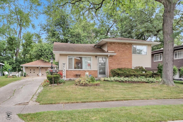 109 Wilson St, Park Forest, IL 60466 - split level home featuring brick siding, a garage, a front lawn, and an outbuilding