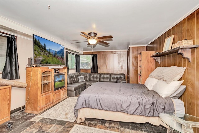 109 Wilson St, Park Forest, IL 60466 - bedroom with wood walls, ornamental molding, and ceiling fan
