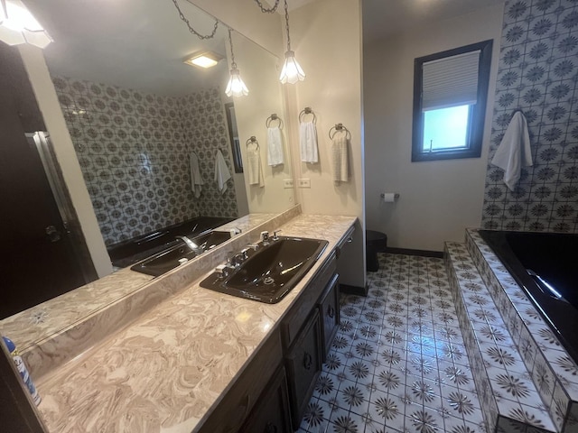 10S220 Hampshire Ln W, Willowbrook, IL 60527 - bathroom featuring vanity, a relaxing tiled tub, and tiled shower
