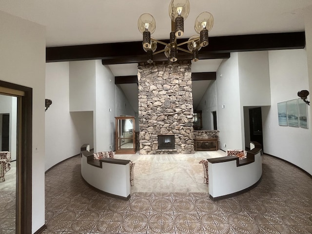 10S220 Hampshire Ln W, Willowbrook, IL 60527 - unfurnished living room featuring beamed ceiling, high vaulted ceiling, and a chandelier