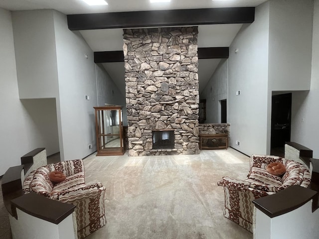 10S220 Hampshire Ln W, Willowbrook, IL 60527 - carpeted living room with beamed ceiling, high vaulted ceiling, and a fireplace