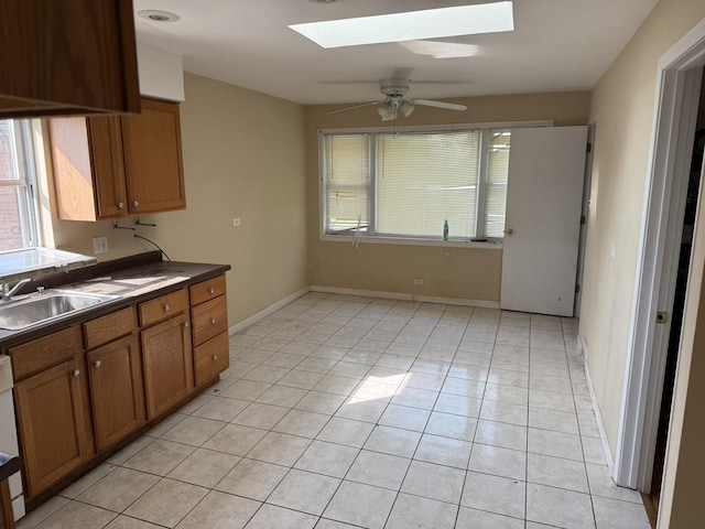 8114 S Anthony Ave, Chicago, IL 60617 - kitchen featuring a skylight, dark countertops, brown cabinets, a ceiling fan, and light tile patterned floors