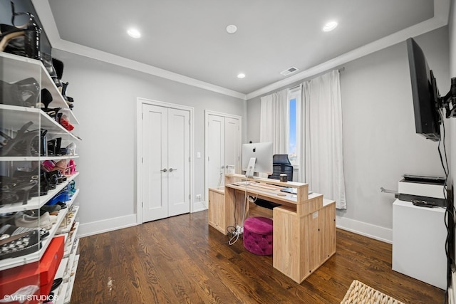 6438 S Woodlawn Ave Unit 4N, Chicago, IL 60637 - office space with ornamental molding, dark wood finished floors, and recessed lighting