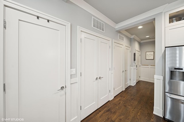 6438 S Woodlawn Ave Unit 4N, Chicago, IL 60637 - corridor featuring dark wood finished floors, ornamental molding, and recessed lighting