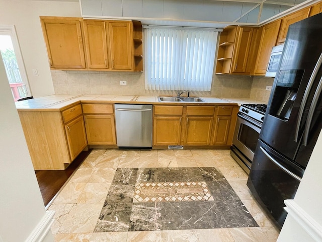 8148 W 111th St Unit C3, Palos Hills, IL 60465 - kitchen with appliances with stainless steel finishes, open shelves, tasteful backsplash, and tile countertops