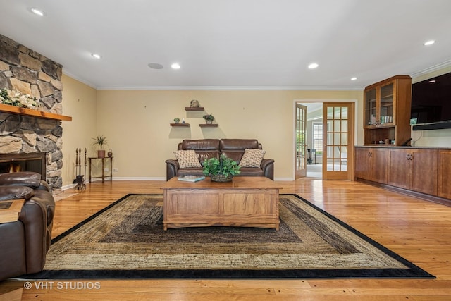 195 Cold Spring Rd, Barrington, IL 60010 - living area with ornamental molding, wood finished floors, a stone fireplace, and recessed lighting