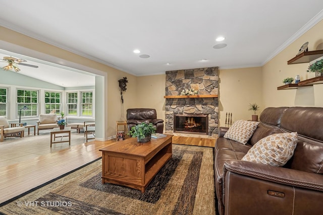 195 Cold Spring Rd, Barrington, IL 60010 - living area with ornamental molding, wood finished floors, a ceiling fan, a fireplace, and recessed lighting