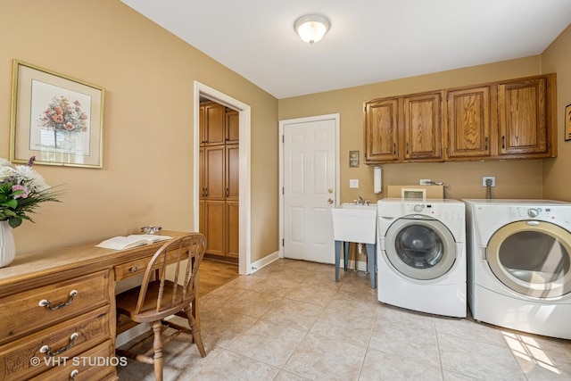195 Cold Spring Rd, Barrington, IL 60010 - laundry room with cabinet space, separate washer and dryer, a desk, and light tile patterned floors