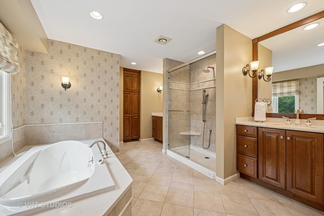 195 Cold Spring Rd, Barrington, IL 60010 - full bath with vanity, a shower stall, a whirlpool tub, recessed lighting, and tile patterned flooring