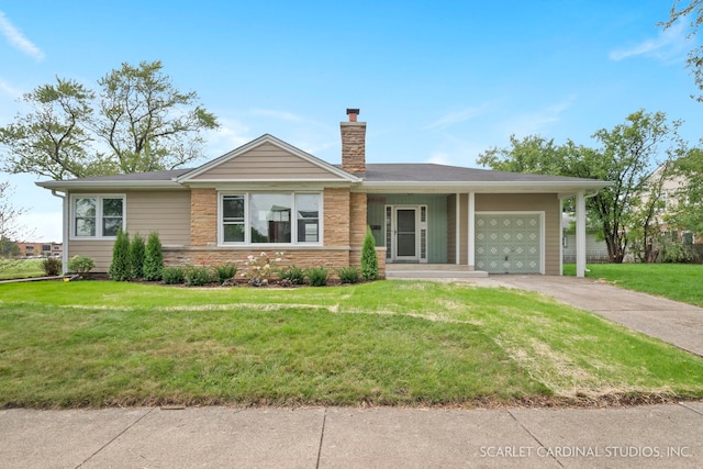 944 S Harvard Ave, Villa Park, IL 60181 - single story home with an attached garage, a chimney, a front lawn, concrete driveway, and stone siding