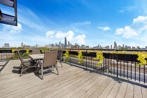 1070 W 15th St Unit 201, Chicago, IL 60608 - deck with a view of skyline and outdoor dining area
