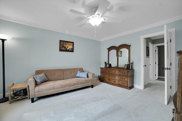 19615 116th Ave, Mokena, IL 60448 - living room featuring carpet flooring, a ceiling fan, and crown molding