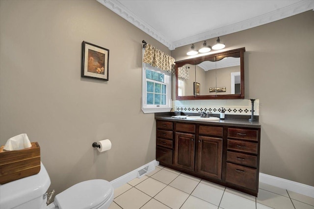 19615 116th Ave, Mokena, IL 60448 - half bath with vanity, tasteful backsplash, tile patterned flooring, and ornamental molding
