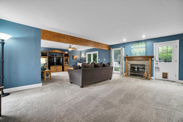 19615 116th Ave, Mokena, IL 60448 - living area featuring a fireplace, carpet floors, recessed lighting, beam ceiling, and ceiling fan
