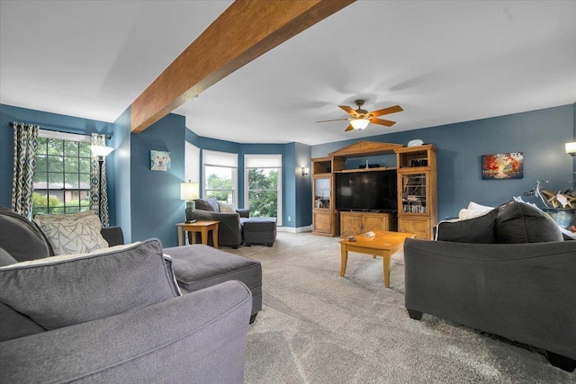 19615 116th Ave, Mokena, IL 60448 - living area with carpet floors, ceiling fan, and beam ceiling
