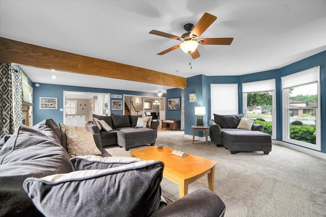 19615 116th Ave, Mokena, IL 60448 - carpeted living room with ceiling fan and beamed ceiling