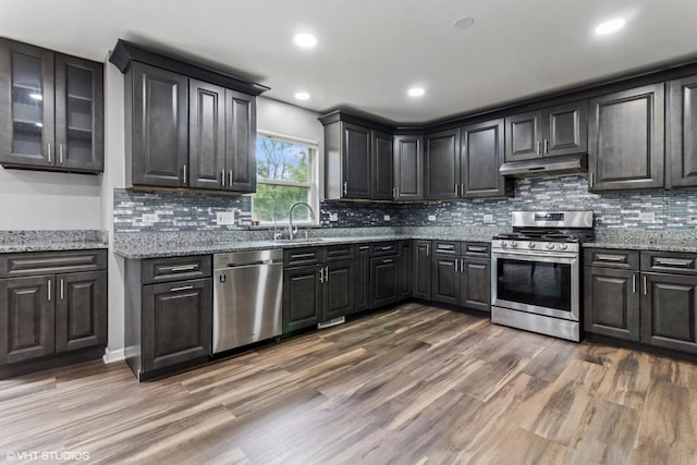 1110 Natalie Dr, West Chicago, IL 60185 - kitchen with stainless steel appliances, wood finished floors, light stone countertops, tasteful backsplash, and recessed lighting