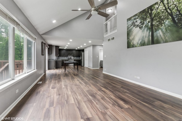 1110 Natalie Dr, West Chicago, IL 60185 - living room featuring ceiling fan, high vaulted ceiling, dark wood finished floors, and recessed lighting