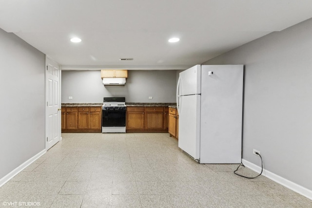 1110 Natalie Dr, West Chicago, IL 60185 - kitchen featuring white appliances, recessed lighting, brown cabinetry, exhaust hood, and light floors