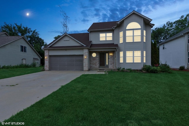 1110 Natalie Dr, West Chicago, IL 60185 - traditional-style home featuring an attached garage, concrete driveway, a front yard, and brick siding
