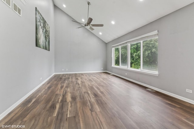 1110 Natalie Dr, West Chicago, IL 60185 - spare room featuring ceiling fan, recessed lighting, wood finished floors, and high vaulted ceiling