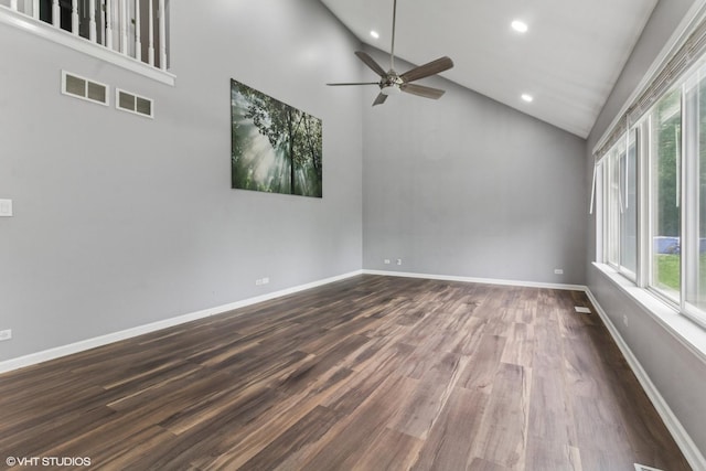 1110 Natalie Dr, West Chicago, IL 60185 - unfurnished room featuring high vaulted ceiling, recessed lighting, a ceiling fan, and dark wood-style flooring