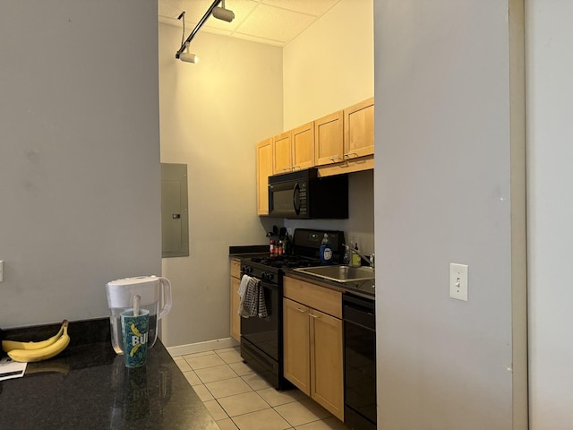 20 N State St Unit 801, Chicago, IL 60602 - kitchen featuring black appliances, electric panel, dark countertops, light tile patterned flooring, and a high ceiling