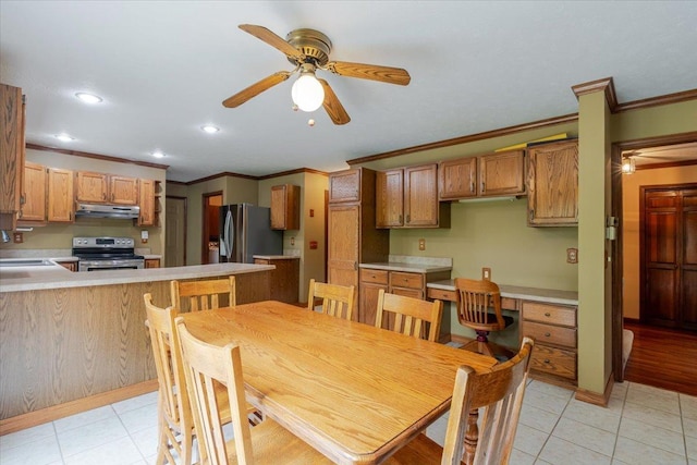 201 N Broadway St, Hudson, IL 61748 - dining room featuring ornamental molding, ceiling fan, recessed lighting, and light tile patterned floors