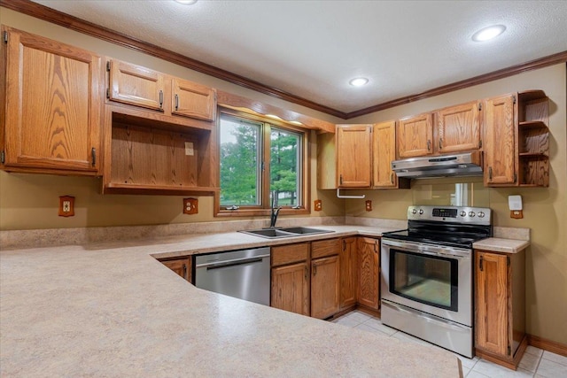 201 N Broadway St, Hudson, IL 61748 - kitchen featuring stainless steel appliances, under cabinet range hood, open shelves, crown molding, and light countertops