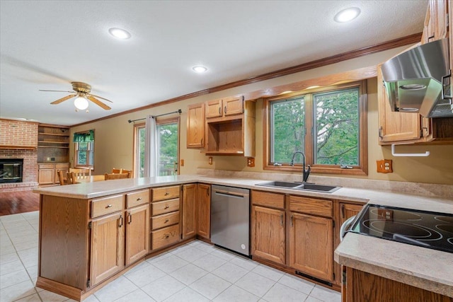 201 N Broadway St, Hudson, IL 61748 - kitchen featuring stainless steel dishwasher, extractor fan, a peninsula, crown molding, and light tile patterned floors