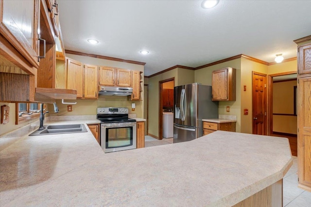 201 N Broadway St, Hudson, IL 61748 - kitchen with appliances with stainless steel finishes, under cabinet range hood, crown molding, light tile patterned floors, and recessed lighting