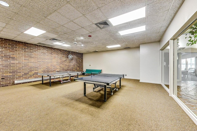 3925 Triumvera Dr Unit 14D, Glenview, IL 60025 - rec room featuring carpet floors, a drop ceiling, and brick wall
