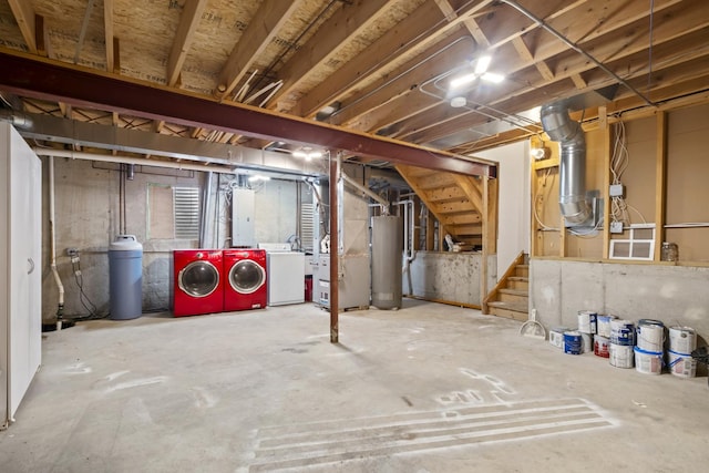 22514 Plum Creek Dr, Sauk Village, IL 60411 - unfinished below grade area featuring washer and dryer, water heater, stairway, a water softener system, and heating unit