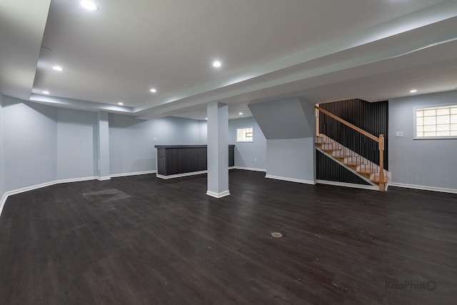 9340 S Elizabeth St, Chicago, IL 60620 - below grade area with stairs, dark wood-type flooring, recessed lighting, and bar
