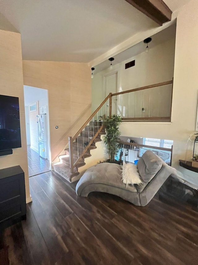 5428 138th St, Crestwood, IL 60418 - living room with wood finished floors, stairway, and beamed ceiling