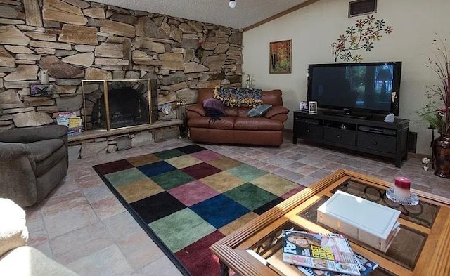 5428 138th St, Crestwood, IL 60418 - living room with lofted ceiling, stone finish floors, and a textured ceiling