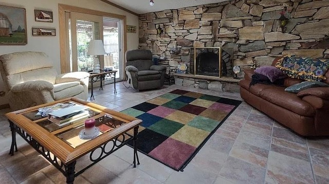 5428 138th St, Crestwood, IL 60418 - living area with vaulted ceiling and a stone fireplace