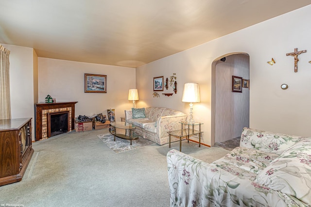 3855 W 107th St, Chicago, IL 60655 - living area featuring light carpet, arched walkways, and a brick fireplace