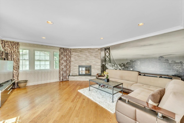 950 Belmar Ln, Buffalo Grove, IL 60089 - living room with wood finished floors, a fireplace, ornamental molding, and recessed lighting
