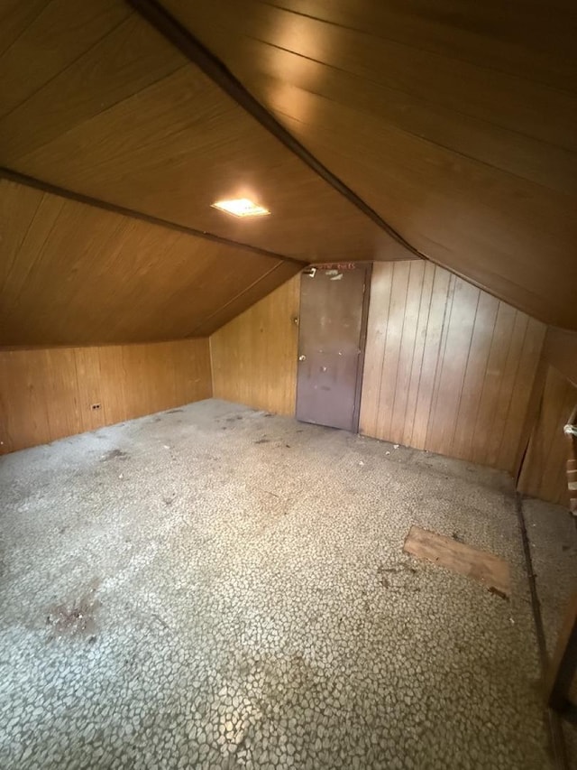 24576 W Norelius Ave, Round Lake, IL 60073 - additional living space featuring wooden ceiling, wood walls, lofted ceiling, and carpet floors
