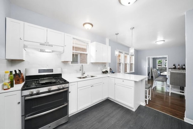 5217 S Green St, Chicago, IL 60609 - kitchen featuring range with two ovens, under cabinet range hood, a peninsula, dark wood-type flooring, and white cabinetry