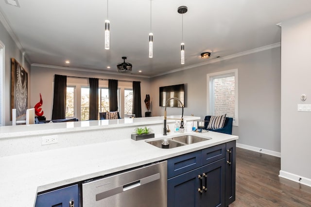 4634 S Langley Ave, Chicago, IL 60653 - kitchen featuring stainless steel dishwasher, blue cabinetry, ornamental molding, pendant lighting, and dark wood-style flooring