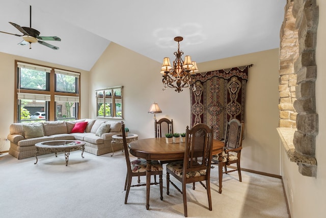 11016 Eaton Ct, Westchester, IL 60154 - dining room with light colored carpet, a chandelier, high vaulted ceiling, and ceiling fan