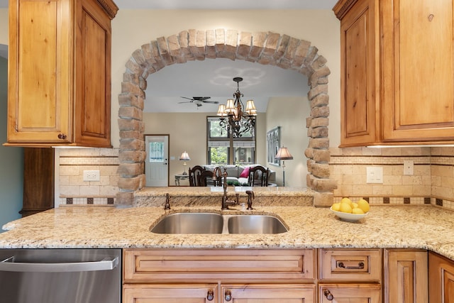 11016 Eaton Ct, Westchester, IL 60154 - kitchen featuring dishwasher, tasteful backsplash, light stone countertops, and a chandelier