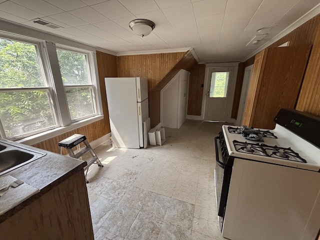 269 E 23rd St, Chicago Heights, IL 60411 - kitchen with range with gas stovetop, wooden walls, freestanding refrigerator, healthy amount of natural light, and brown cabinetry
