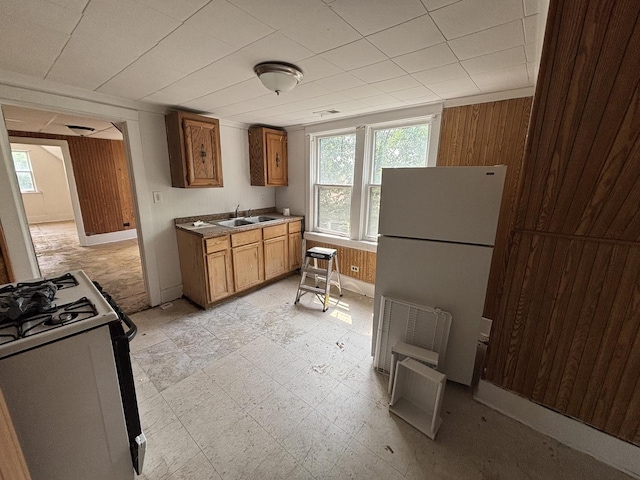 269 E 23rd St, Chicago Heights, IL 60411 - kitchen with wooden walls, gas stove, freestanding refrigerator, brown cabinetry, and light flooring