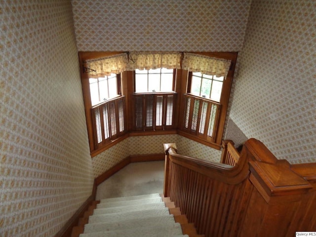 215 S 16th St, Quincy, IL 62301 - stairway featuring wallpapered walls, healthy amount of natural light, and carpet floors