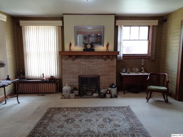 215 S 16th St, Quincy, IL 62301 - living area with carpet flooring, plenty of natural light, a fireplace, and radiator