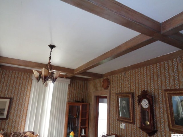 215 S 16th St, Quincy, IL 62301 - detailed view of wallpapered walls, a chandelier, and beamed ceiling
