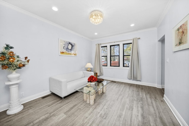 3039 S Kolin Ave, Chicago, IL 60623 - living area featuring wood finished floors, ornamental molding, a chandelier, and recessed lighting